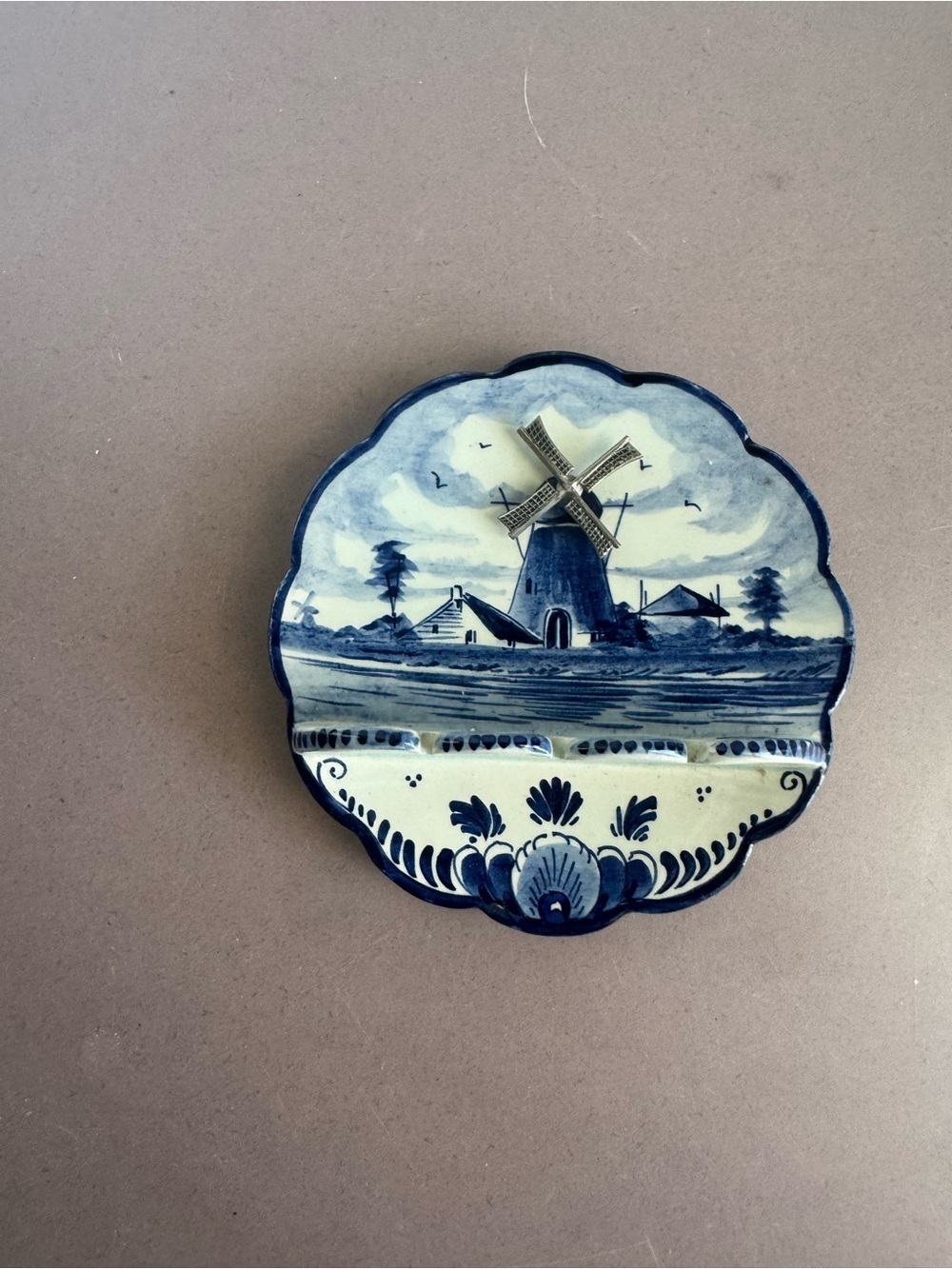 Blue and White Delft-Style Ceramic Windmill Wall Plaque